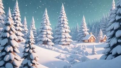 The primary subject of the image is a snow-covered Christmas tree, surrounded by a forest of snow-covered pine trees. The setting is a winter landscape with a house in the background. The visual style is a digital art or illustration, creating a whimsical and festive atmosphere. The dominant colors are white and shades of blue, reflecting the snowy and cold environment.